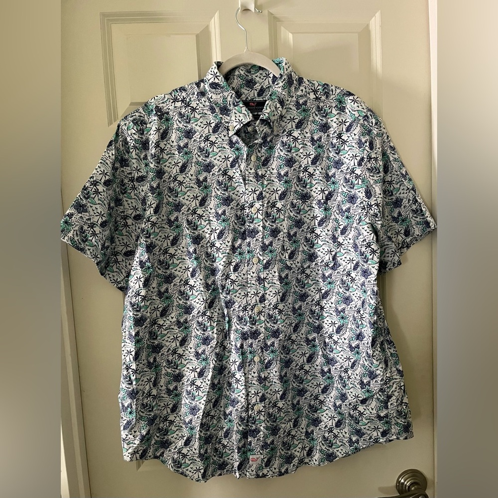 Men’s Vineyard Vines Shirt Blue Tropical ClassicFit Murray Button Up Hawaiian XL